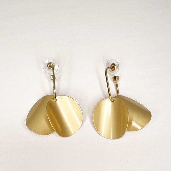 Gold Tone Curved Disk Hoop Drop Earrings Satin Finish - Picture 2 of 2